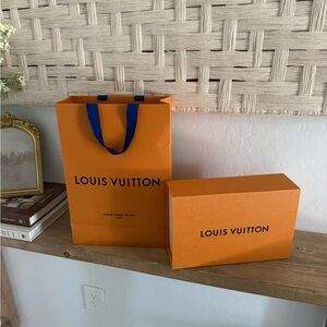 Louis Vuitton Orange Gift Bag with Blue Handles and Matching Box Authentic